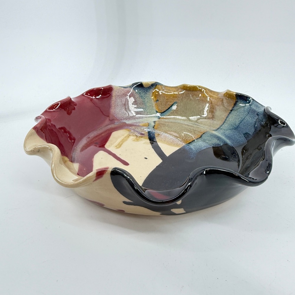 J&S Beaumont Pottery Bowl 9" Multicolor Abstract Ruffled Rim Ceramic Pie Pan - Picture 10 of 16